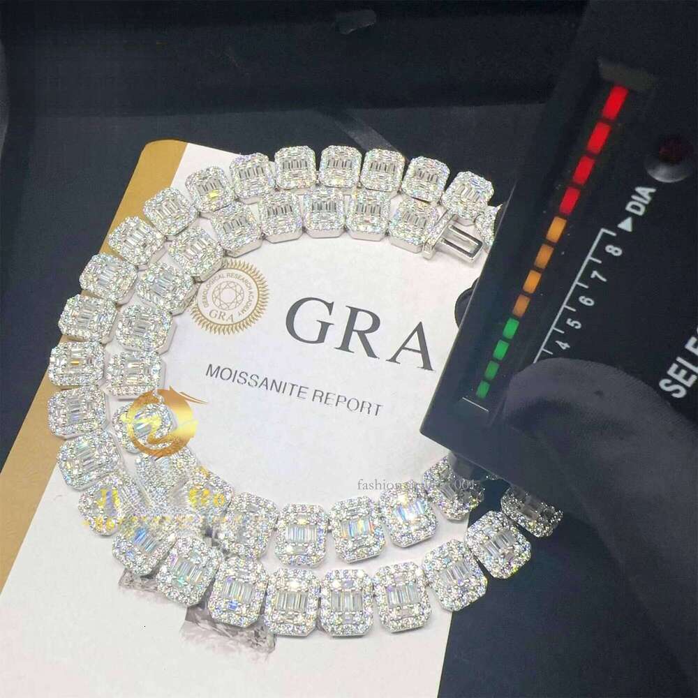 Fashion GRA Certificates Sier 13mm Iced Out Hip Hop VVS1 baguette Moissanite Dia Cluster Tennis Chain Necklace