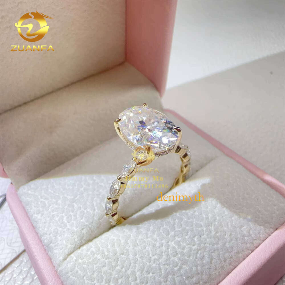 14k Yellow Gold 4.5ct Iced Crushed Oval Marquise Moissanite Dia Engagement Wedding Band Ring Women Gift GRA Certificate