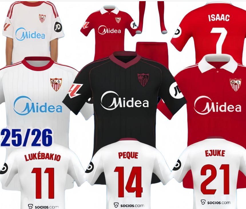 25 26 Sevilla soccer jerseys ISAAC SOW FC EJUKE JUANLU LUKEBAKIO football shirts PEQUE 2025 2026 Men kits Kids Equipment