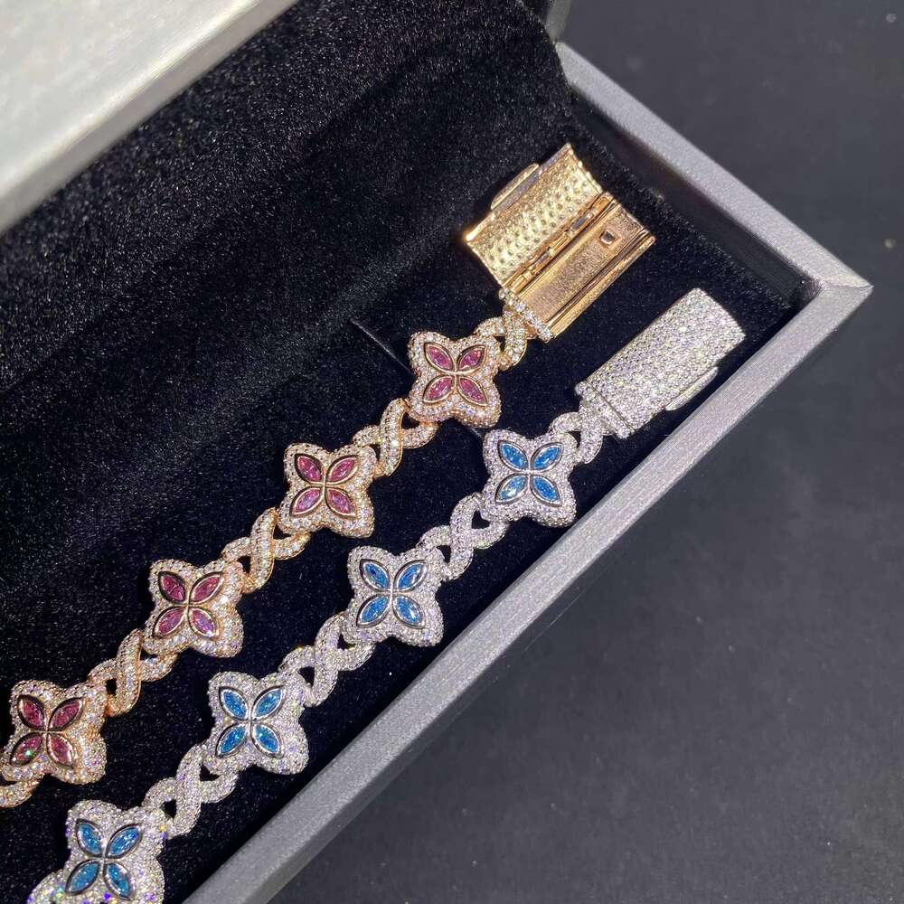 15mm Hip-Hop Jewelry Marquise VVS Moissanite Sier Iced Clover Bracelet Blue Pink Cuban Chain Necklace