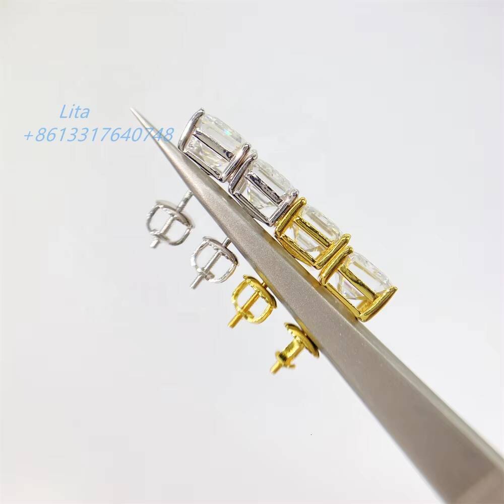 Hip Hop Fashion Screw Back Solitiare Vvs Moissanite Fancy Shape Emerald Cut Silver 925 Earrings