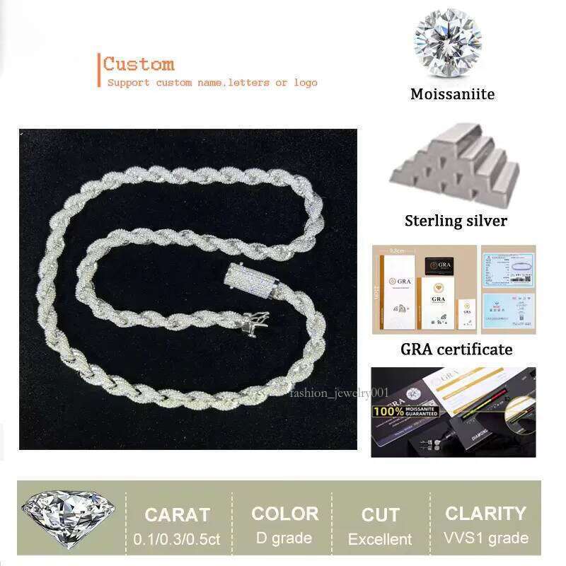Hip Hop Custom Iced Out Sterg Sier Vvs Moissanite White Gold Plated Rope Chain Tennis Chains Jewelry Unisex Dia Necklace