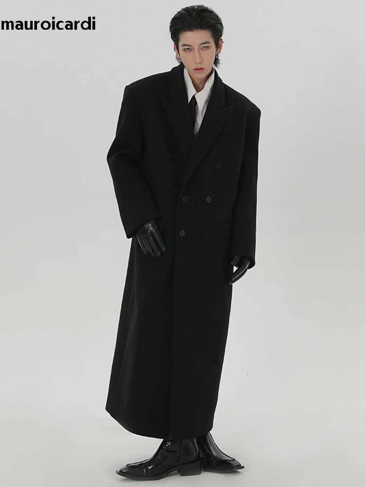 Mauroicardi Autumn Winter Extra Long Black Oversized Warm Wool Blends Coat Men Shoulder Pads Double Breasted Outerwear 250724CJ