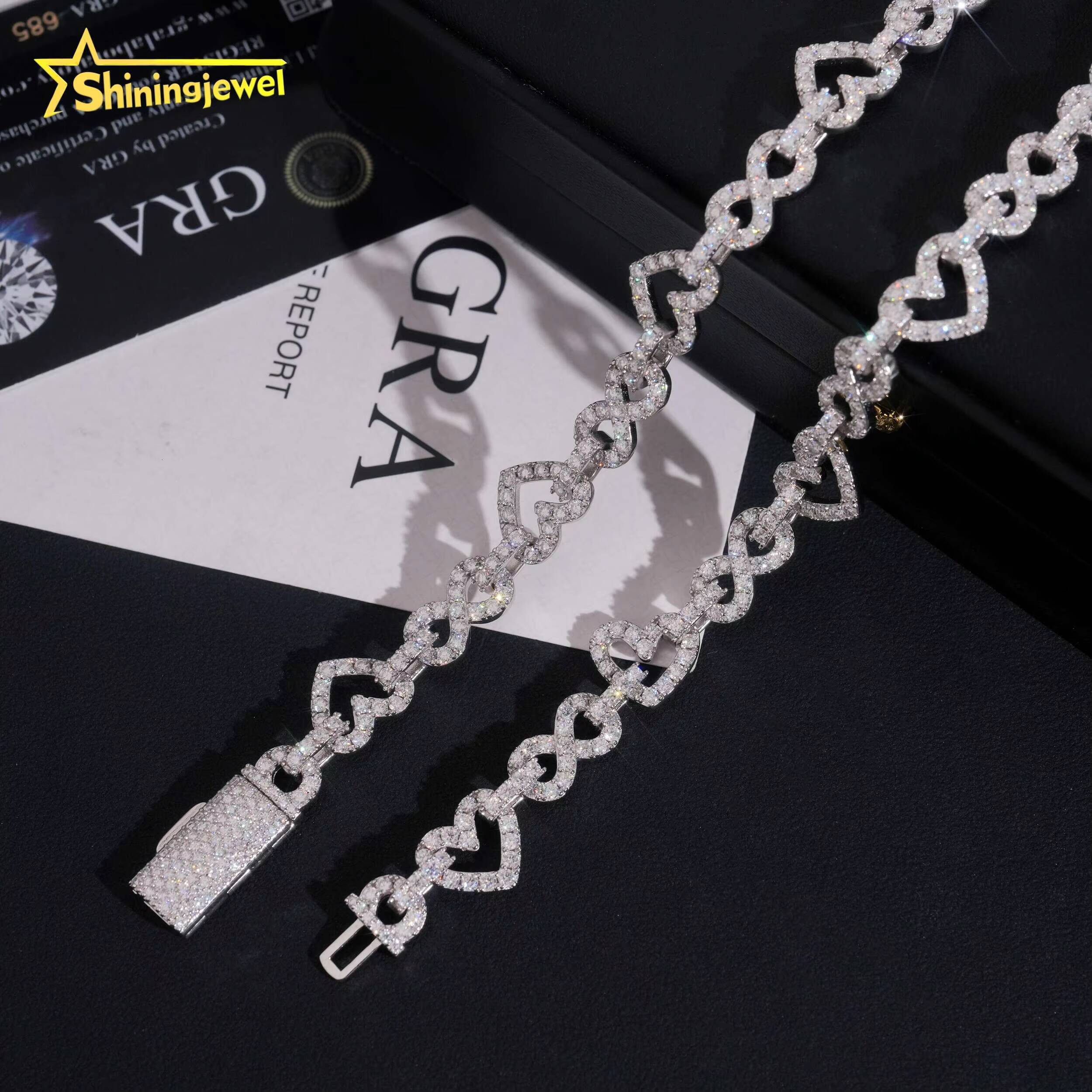 Valentines Day Gift 8.5mm Heart Shape Infinity Links Hip Hop Rock Moissanite Cuban Chain 925 Silver Moissanite Necklace Women