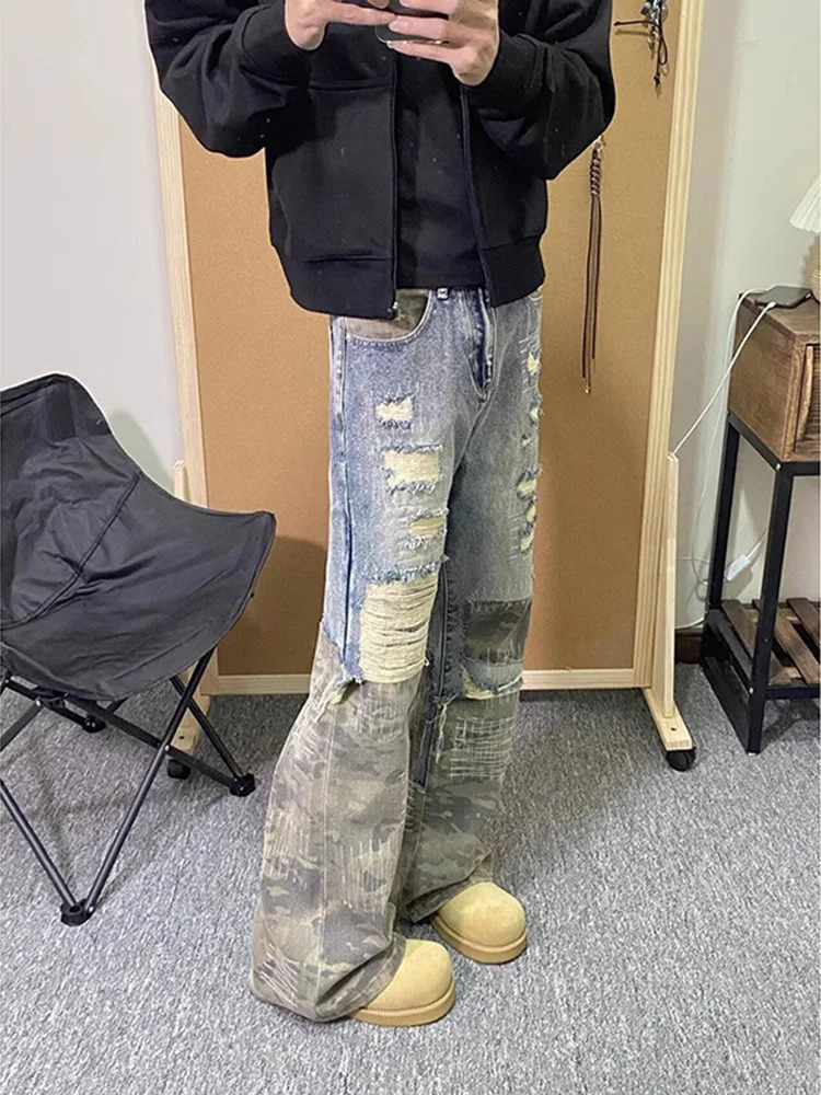 American Hip Hop Y2k Clothes Vintage Pants Camo Patchwork Jeans Mens Casual Straight Leg Pants er clothes men 250724