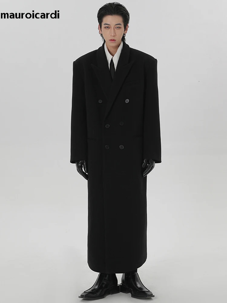 Mauroicardi Autumn Winter Extra Long Black Oversized Warm Wool Blends Coat Men Shoulder Pads Double Breasted Outerwear 250724CJ
