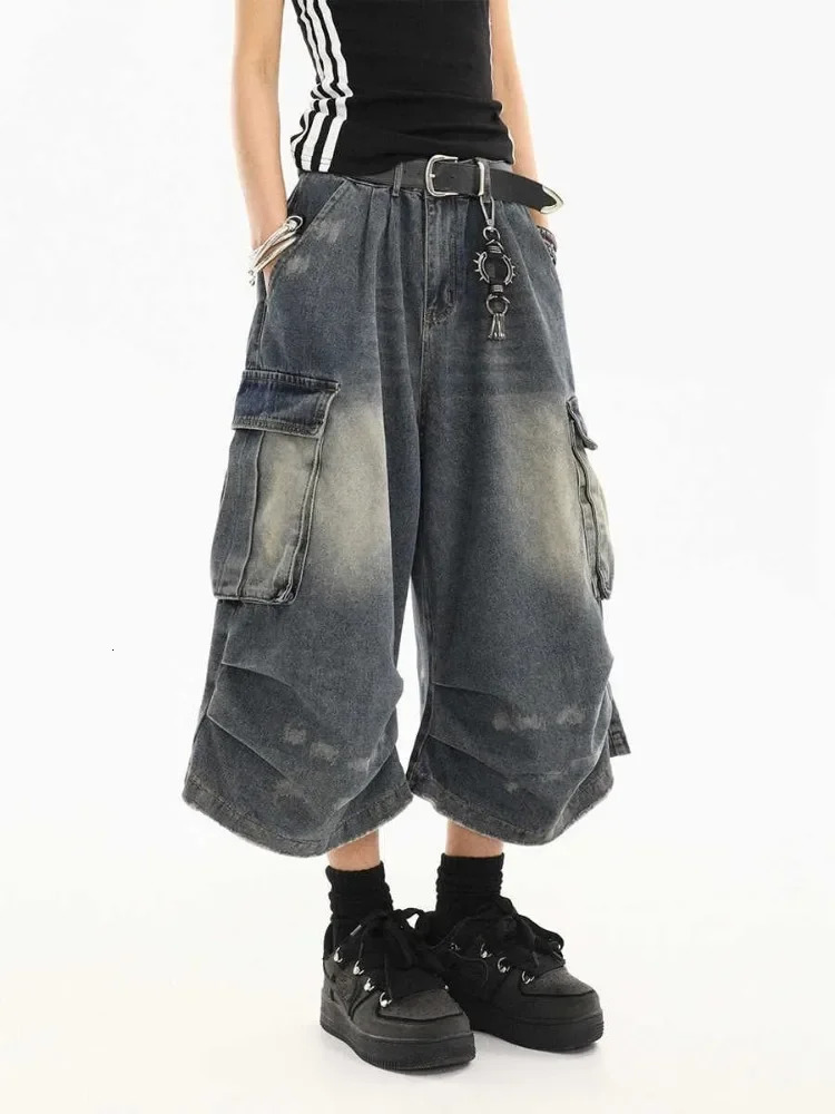 High Waist Retro Blue Washed Denim Shorts Harajuku Vintage Fashion Casual Loose Y2K Streetwear Wide Leg Cropped Pants 250717