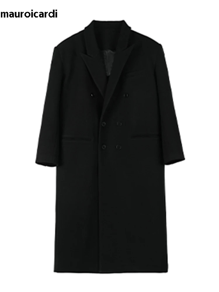 Mauroicardi Autumn Winter Extra Long Black Oversized Warm Wool Blends Coat Men Shoulder Pads Double Breasted Outerwear 250724CJ