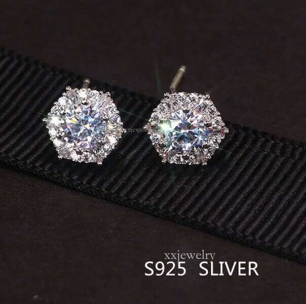 Real S Sterling Sier Stud Earrings Simple Fashion Women Wedding Jewelry Round Cut White Top CZ Dia Gemstones aretes brincos earring ear rings jewelery