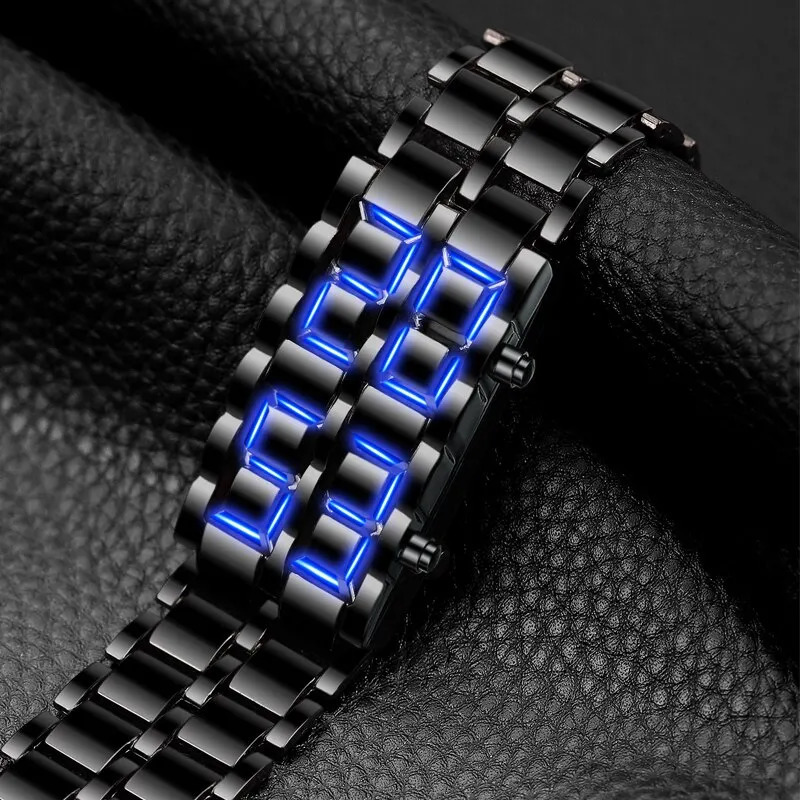 Fashion Black Full Metal Digital Lava Wrist Watch Men Blue LED Display Mens Watches Gifts for Male Boy Sport Creative Clock 250724