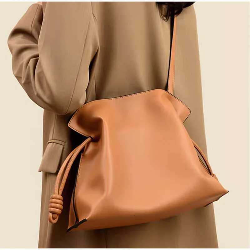 Drawstring Long Shoulder Bag Crossbody Pleated Design Cowhide Lucky Bag Female Fashion Clutch Bucket Bag Roomy Bags H260508