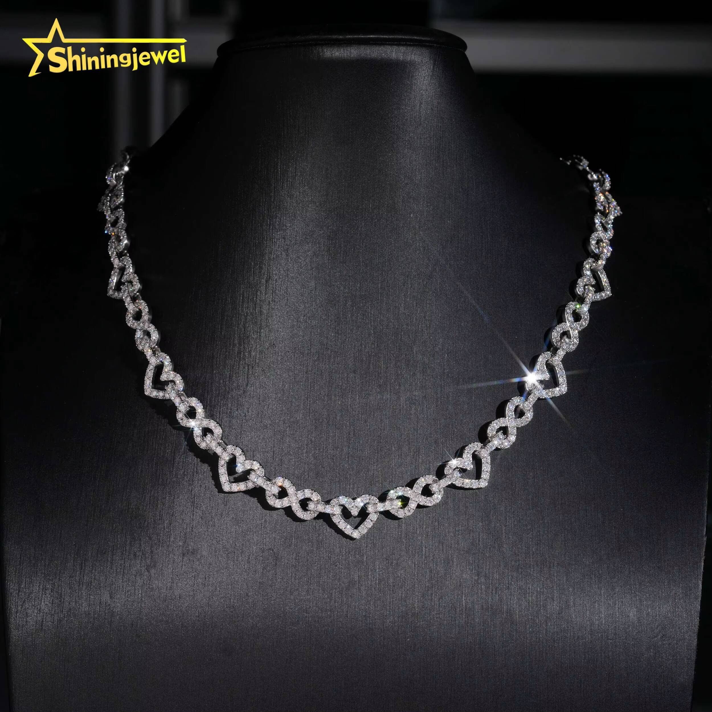 Valentines Day Gift 8.5mm Heart Shape Infinity Links Hip Hop Rock Moissanite Cuban Chain 925 Silver Moissanite Necklace Women