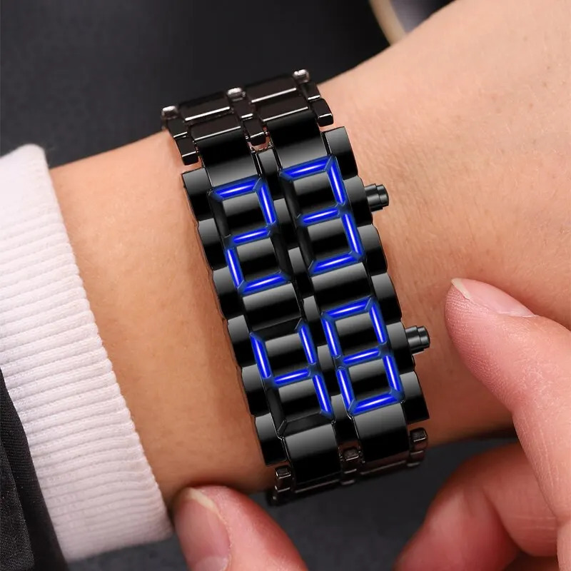 Fashion Black Full Metal Digital Lava Wrist Watch Men Blue LED Display Mens Watches Gifts for Male Boy Sport Creative Clock 250724