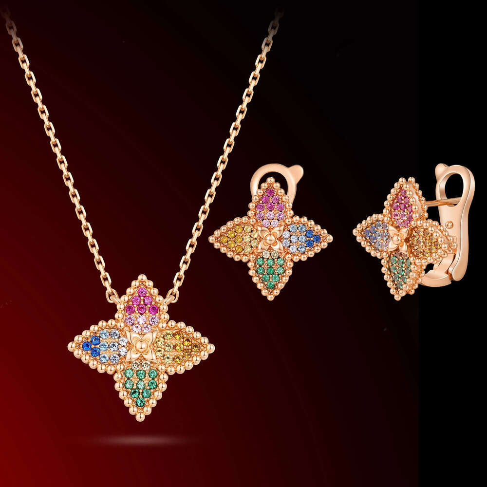 New Summer Hot Luxury Jewelry Designer Necklace Earrings Colored Dopamine four-leaf clover Necklace Premium Color Diamond Clover Earrings Necklace Set