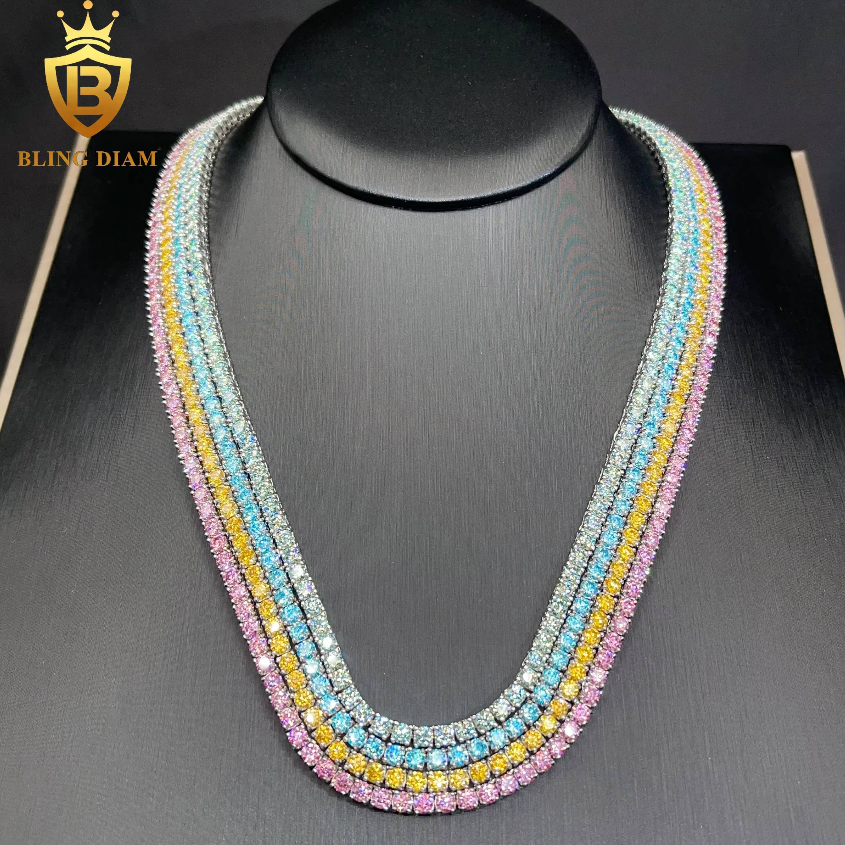 925 3mm-5mm Sterling Silver Rainbow Moissanite Blue Green Yellow Pink Tennis Chain Custom Natural Lab Grown Diamond Necklace