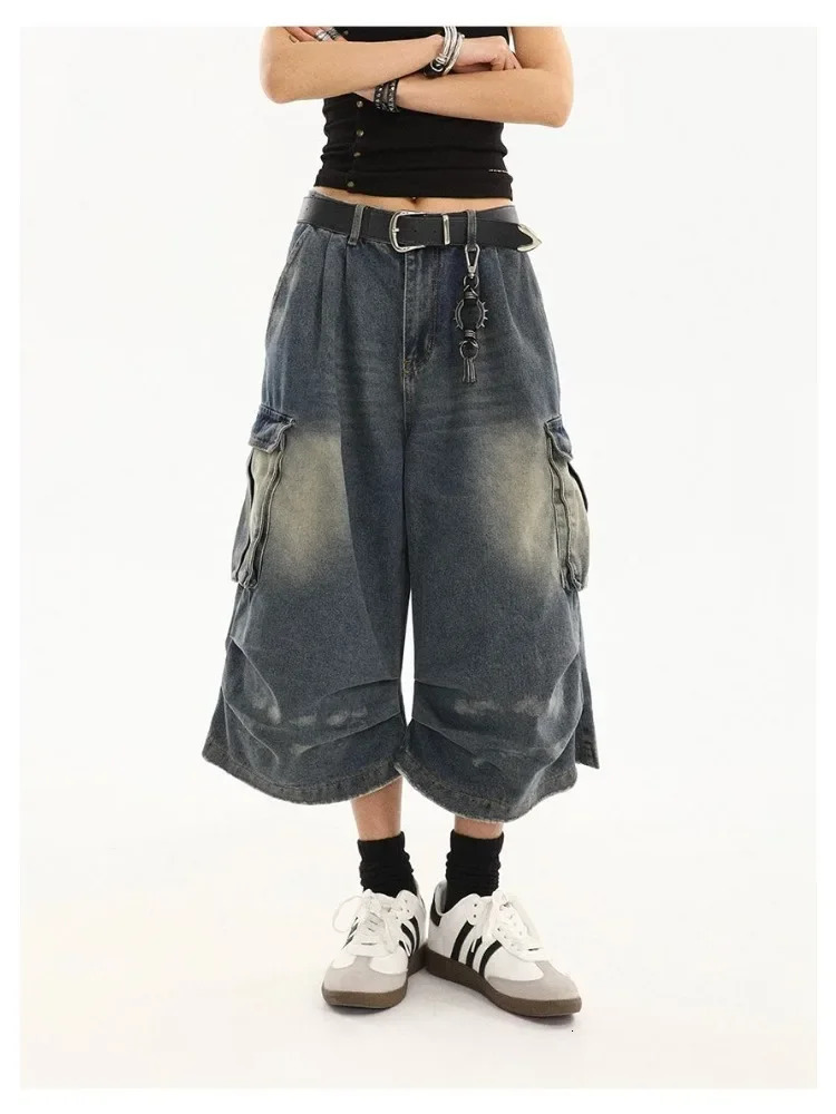 High Waist Retro Blue Washed Denim Shorts Harajuku Vintage Fashion Casual Loose Y2K Streetwear Wide Leg Cropped Pants 250717