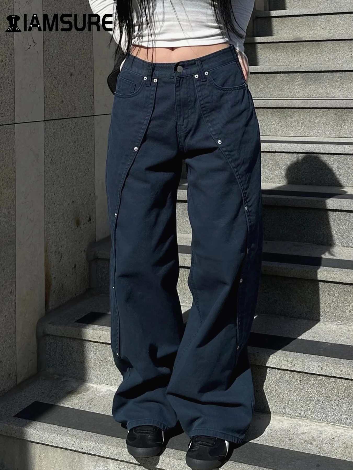IAMSURE Casual Loose Rivet Jeans Wide Leg Pants Basic LowWaisted Straight Pant 2025 Spring Autumn Streetwear Ladies 250717