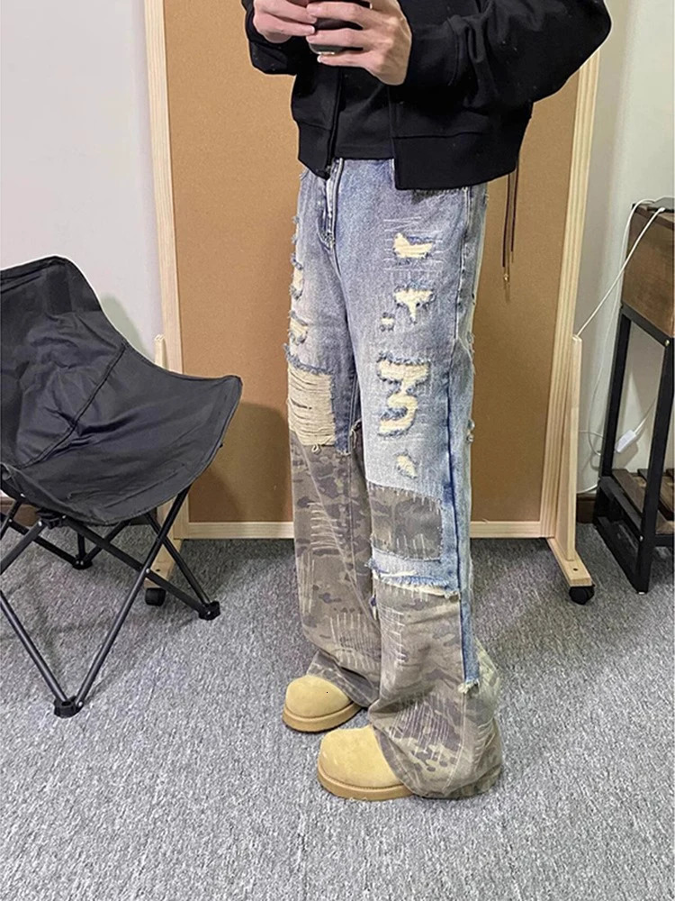 American Hip Hop Y2k Clothes Vintage Pants Camo Patchwork Jeans Mens Casual Straight Leg Pants er clothes men 250724