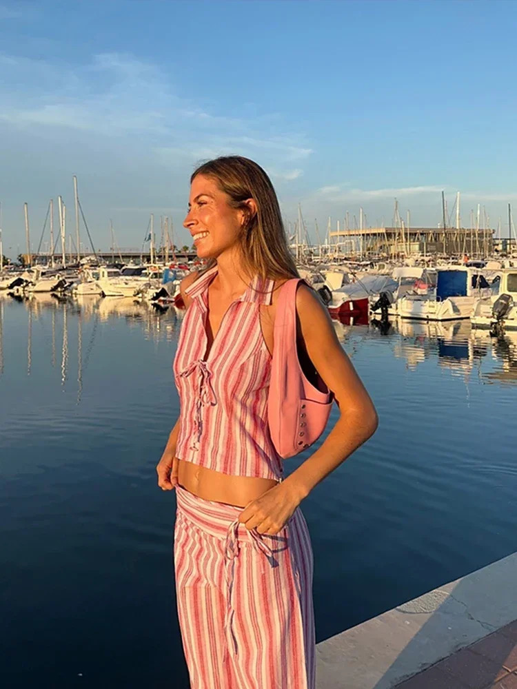 Striped Lace Up Women Vest Pants Set Summer Sleeveless Backless Slim Lady Top Sets 2025 Fashion Straight Casual Female Pant Suit 250724