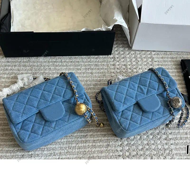 Designer Women Soft Denim Shoulder Bag Silver Gold Metal Ball Adjustable Matelasse Chain Mini Classic Flap Tote Luxury Crossbody Handbag Key Pouch Sacoche 17x13cm