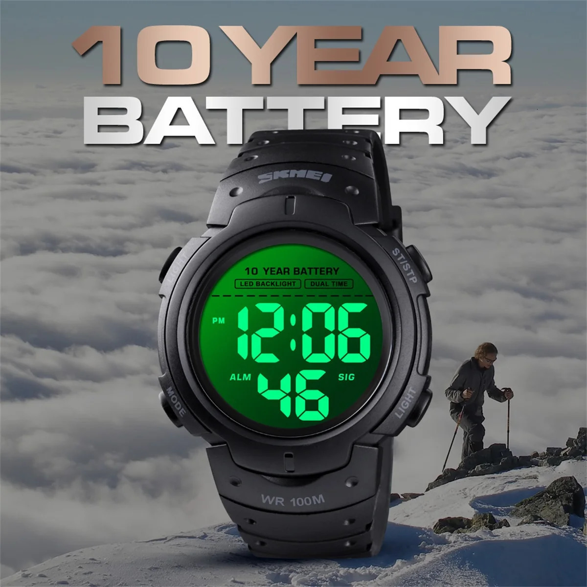 100M Waterproof Digital Wrist Watch for Men with 10-Year Battery Alarm Clock Reloj Hombre 250724