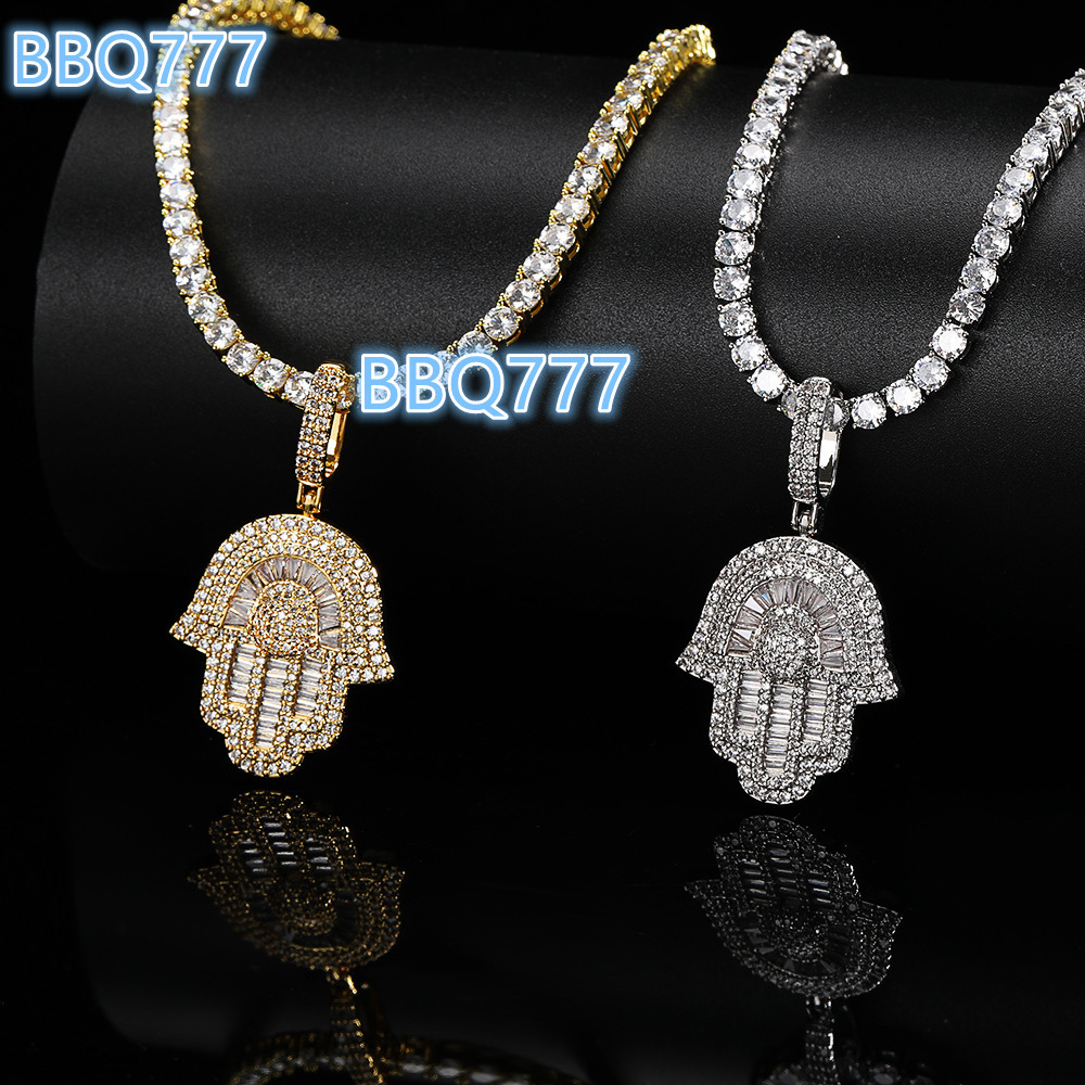 High Quality Hip Hop Jewelry CZ Iced Out Diamond Hand of Fatima Hamsa Pendant Necklace