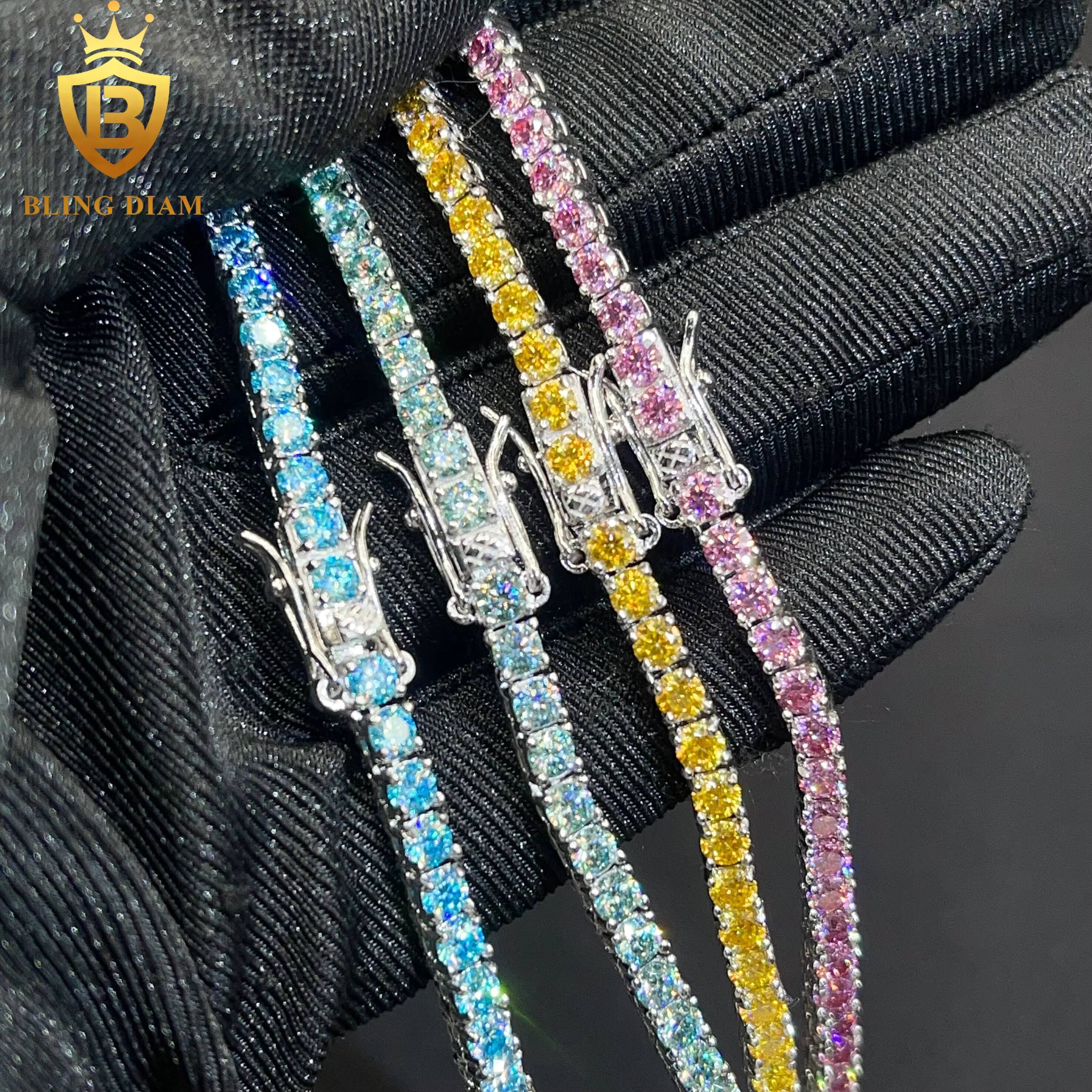925 3mm-5mm Sterling Silver Rainbow Moissanite Blue Green Yellow Pink Tennis Chain Custom Natural Lab Grown Diamond Necklace