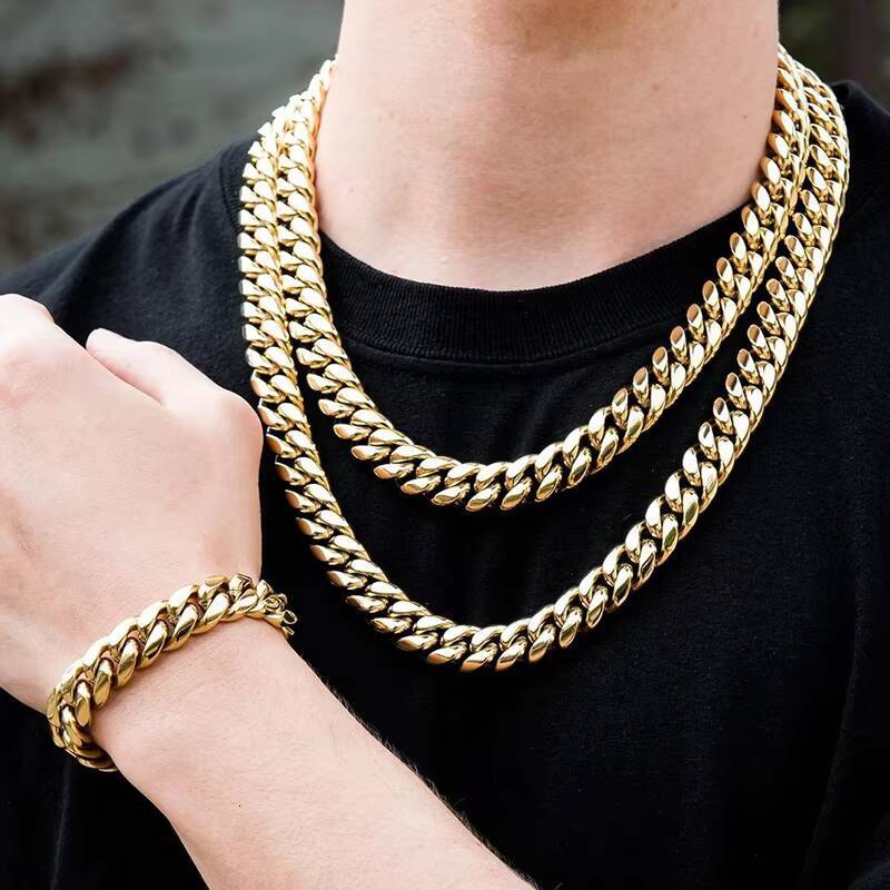 Wholesale 6-14mm Titanium Cuban Necklace Hip Hop 18k Gold Plated Cuban Bracelet Mens Miami Stainless Steel Cuban Link Chain