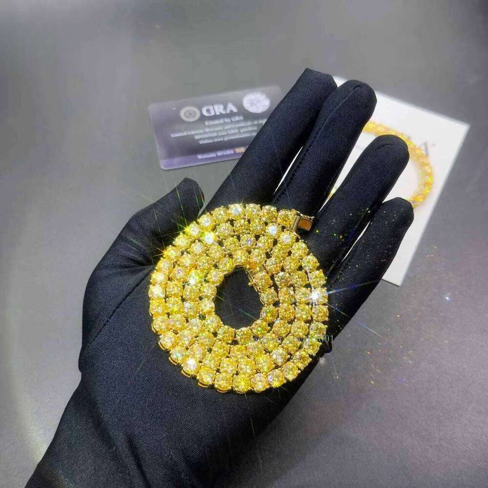 GRA Certified HipHop Sterling Sier 6.5mm Canary yellow Moissanite 16in 18in 20in 22in 24in Choker Tennis Chain Necklace