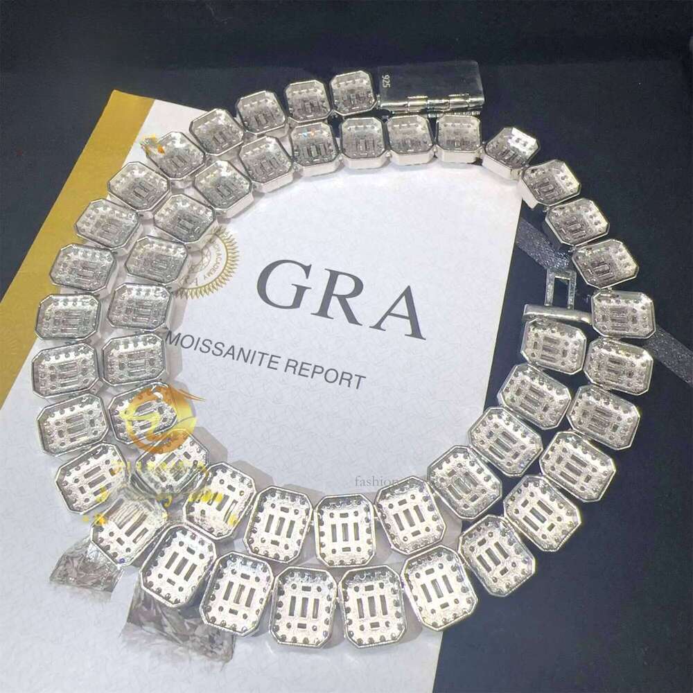 Fashion GRA Certificates Sier 13mm Iced Out Hip Hop VVS1 baguette Moissanite Dia Cluster Tennis Chain Necklace
