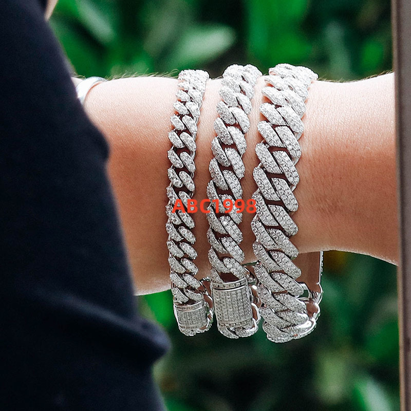 Real Solid 925Sterling Silver 6-15mm Moissanite Cuban Chain Bracelet Iced Out Miami Cuban Link Chain Hiphop Jewelry for Men Gift
