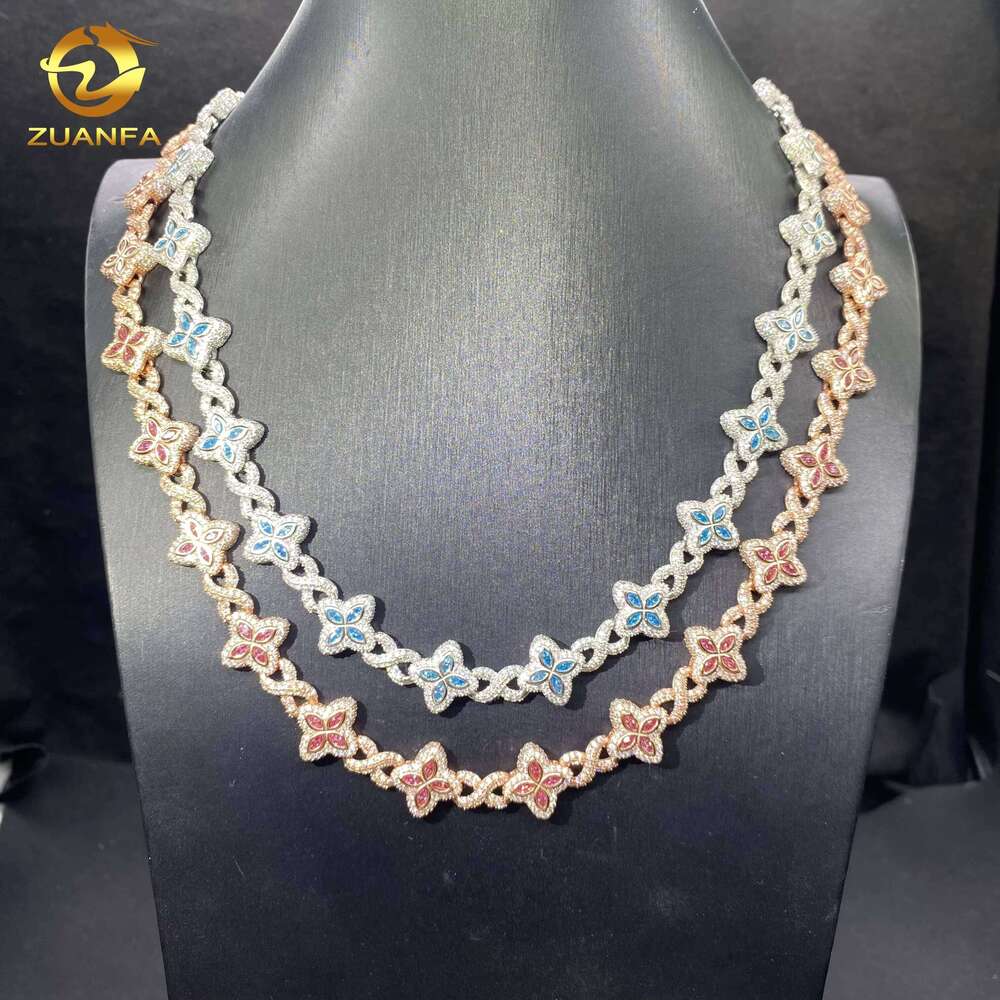 15mm Hip-Hop Jewelry Marquise VVS Moissanite Sier Iced Clover Bracelet Blue Pink Cuban Chain Necklace