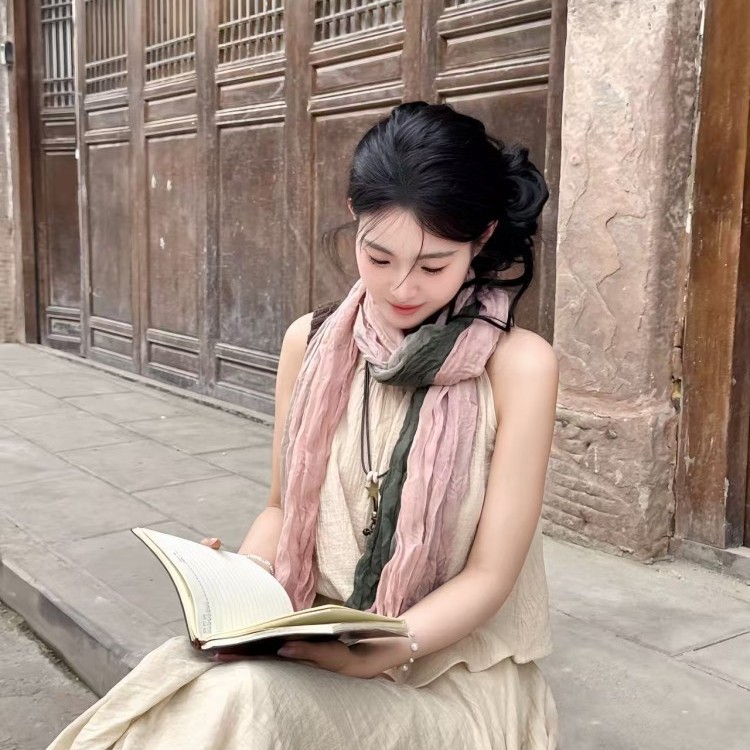 K1498 Korean style atmosphere forest style autumn and winter tie-dyed cotton and linen scarf for women thin style oversized literary shawl high-end sc