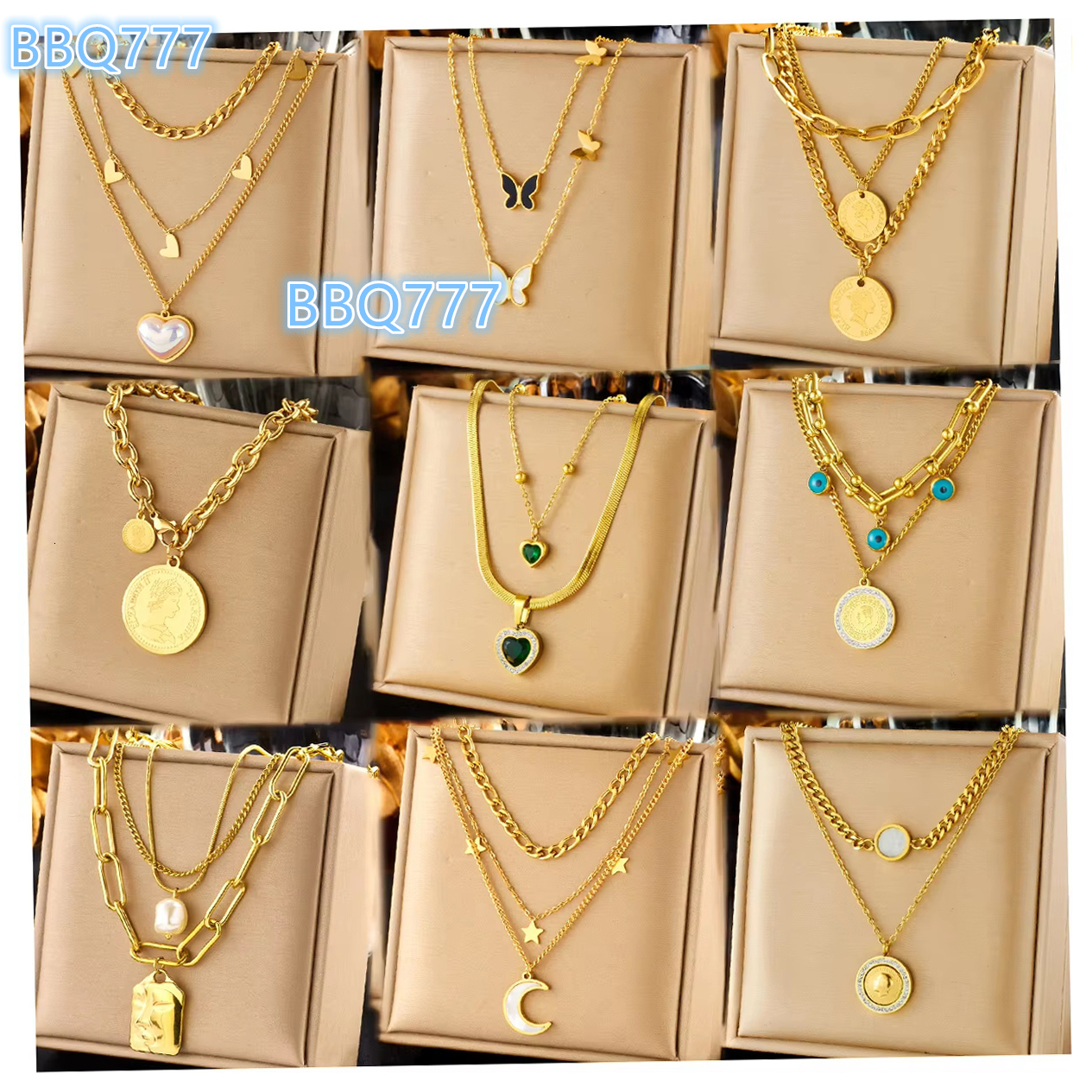 Trendy Stainless Steel 18k Gold Layered Pearl Shell Zircon Heart Butterfly Charm Pendant Necklace Women Evil Eyes Moon Necklace