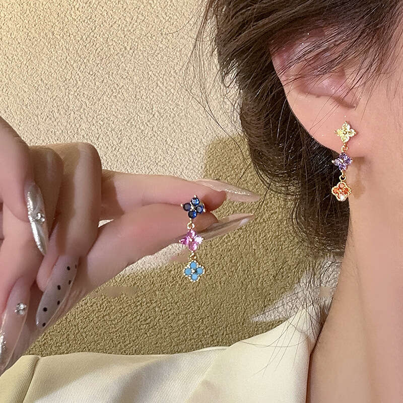 Real Gold Plated Zircon Colorful Flower Earrings Light High-end Studs Sweet Palace Style Ear Jewelry