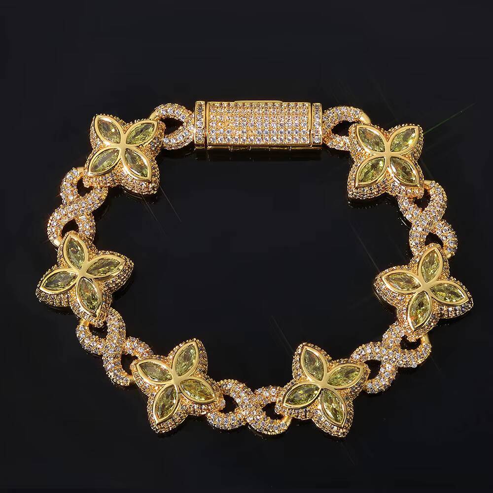 8mm Hip Hop Bracelet Gold Plated Brass Iced Diamond Flower Clover Infinity Miami Cuban Link Fine Jewelry