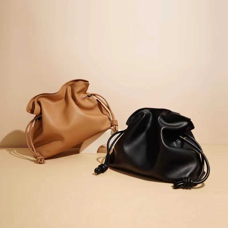Drawstring Long Shoulder Bag Crossbody Pleated Design Cowhide Lucky Bag Female Fashion Clutch Bucket Bag Roomy Bags H260508