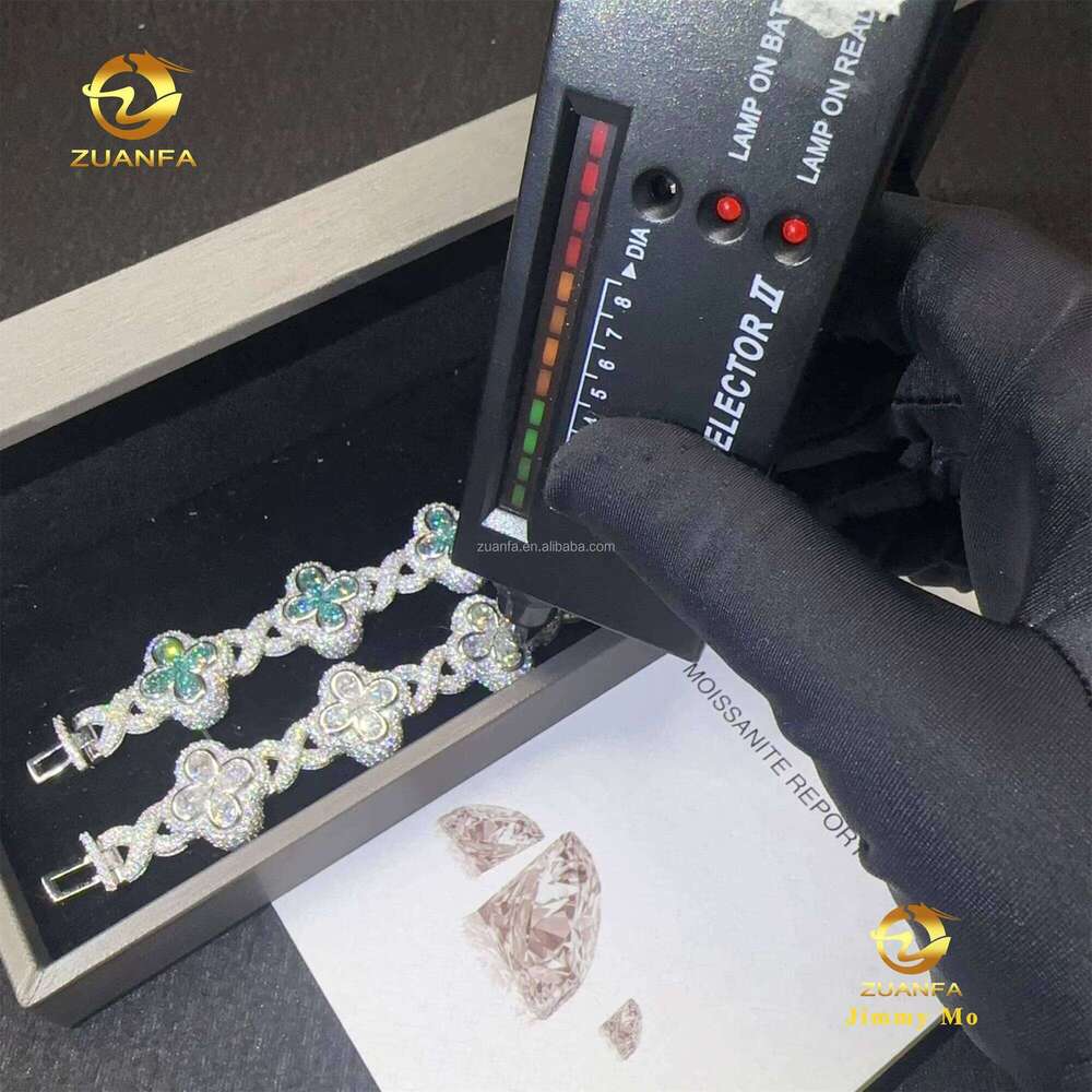 New Arrivals Popular 18mm Pear Flower Design Hip Hop Jewelry Iced Out Blue Green Moissanite Infinity Cuban Link Bracelet for Men