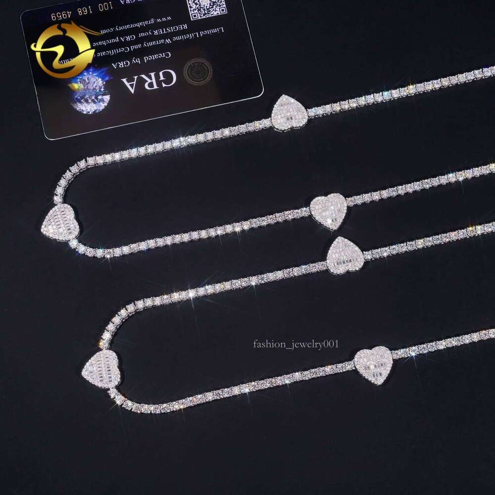 Dia hair new sier moissanite tennis chain main stone 3mm heart-shaped hip-hop necklace HipHop