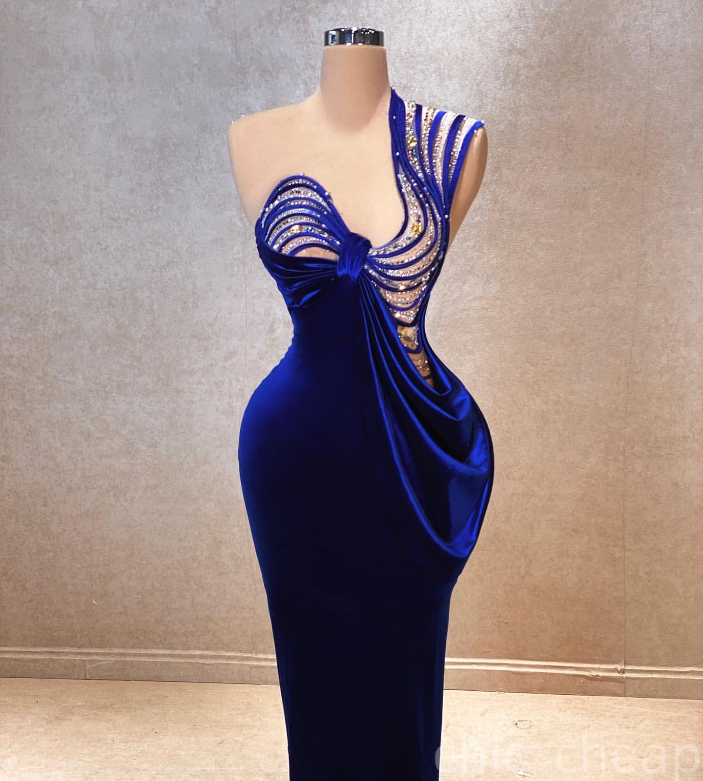 Royal Blue Sheath Evening Dresses One Shoulder Beaded Crystals Velvet Prom Formal Party Second Birthday Engagement Gowns Plus Size Dress For Special O
