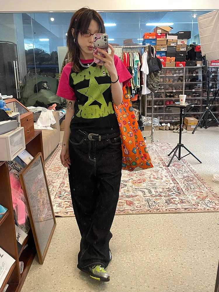 Y2k Embroidered Black Wide Leg Jean American Retro Casual Loose Denim Pants Streetwear 2025 High Waist Baggy Trousers 250717