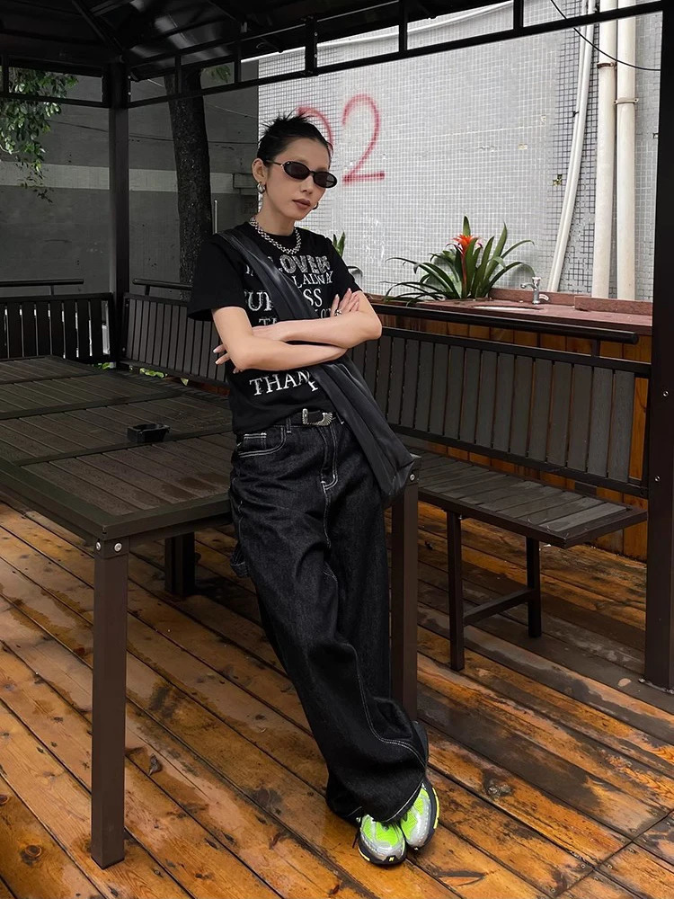Y2k Embroidered Black Wide Leg Jean American Retro Casual Loose Denim Pants Streetwear 2025 High Waist Baggy Trousers 250717