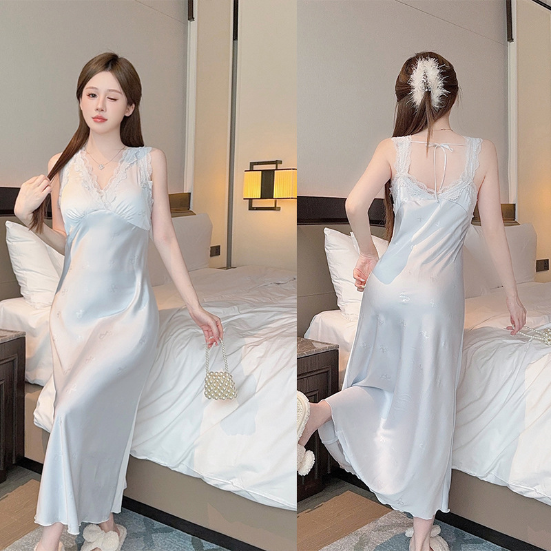 B993-Ice silk pajamas women's V-neck long skirt simple thin bow print home skirt can be worn outside