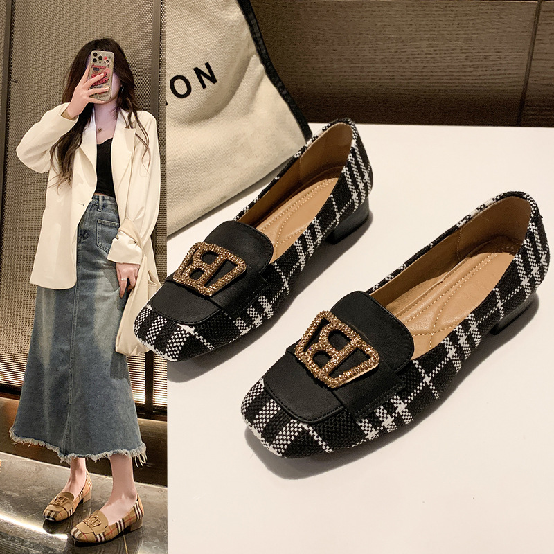 Elegant and versatile women's checkered color blocked high heels 2025 new arrivals fashionable and versatile metal buckle thick heel women's