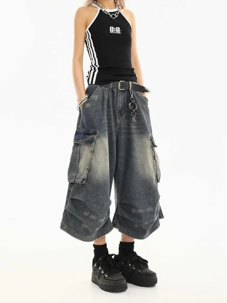 High Waist Retro Blue Washed Denim Shorts Harajuku Vintage Fashion Casual Loose Y2K Streetwear Wide Leg Cropped Pants 250717