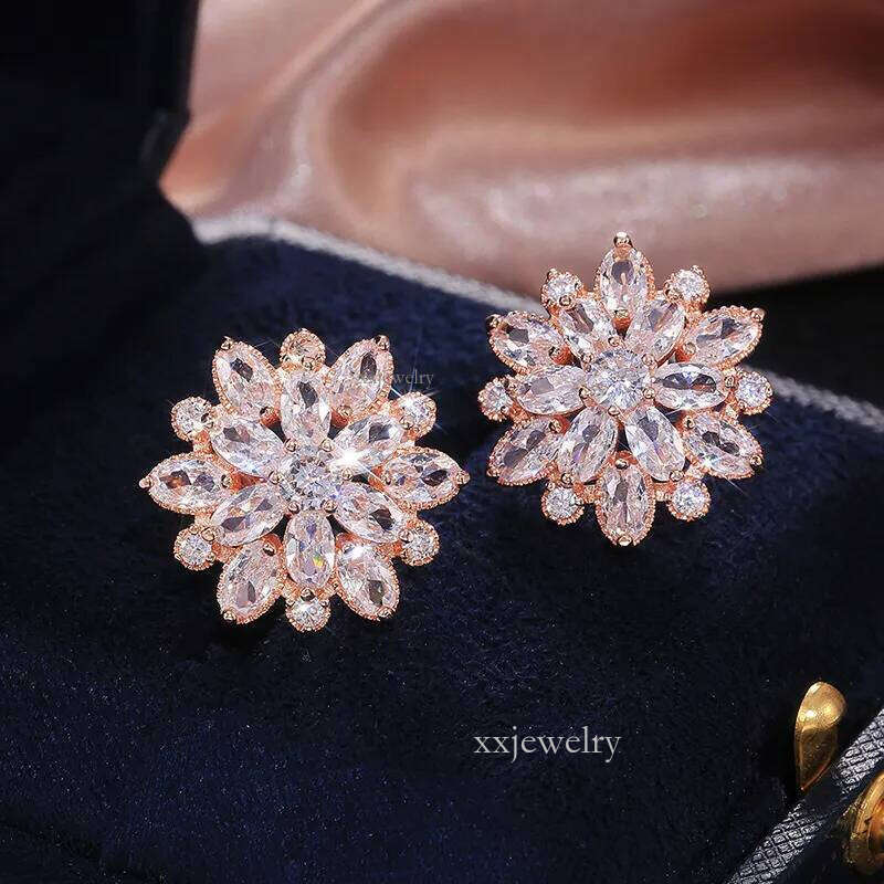Summer Beach Moissanite Flower Earrings For Women Sterling Sier Double Shining CZ Zircon Dia Stud Earring brincos Wedding Party Gifts