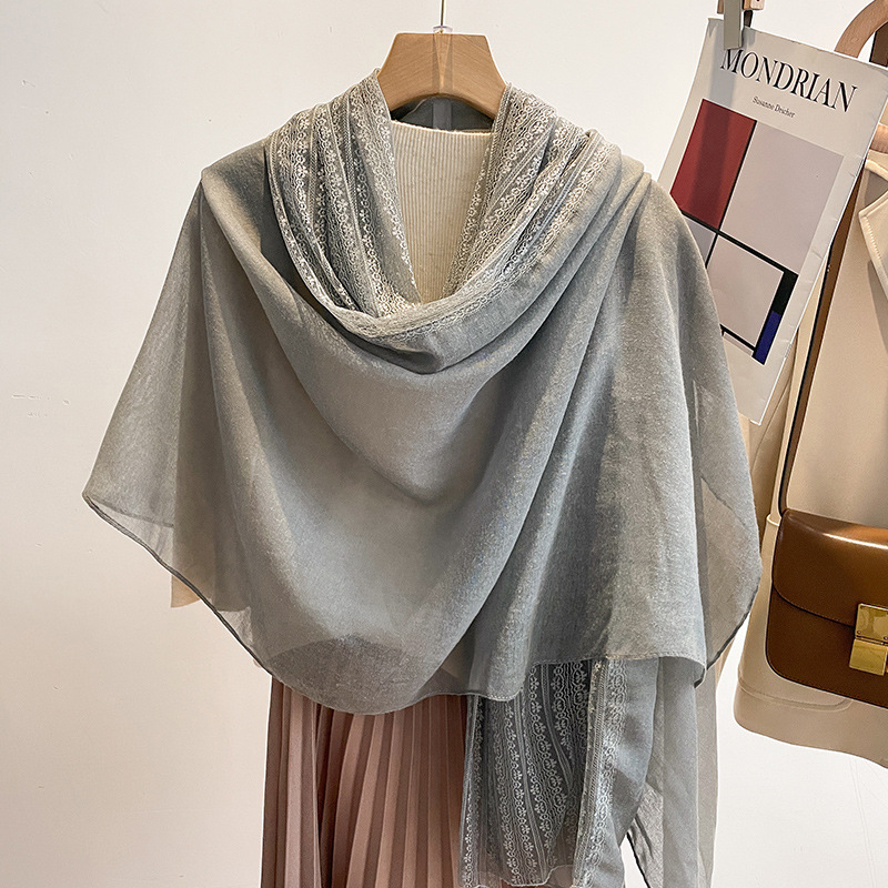 K1495 Linen lace cotton and linen thin scarf women's sun protection shawl dual-purpose spring and autumn hook flower hollow silk scarf solid colo