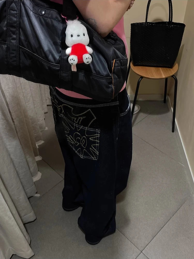 Y2k Embroidered Black Wide Leg Jean American Retro Casual Loose Denim Pants Streetwear 2025 High Waist Baggy Trousers 250717