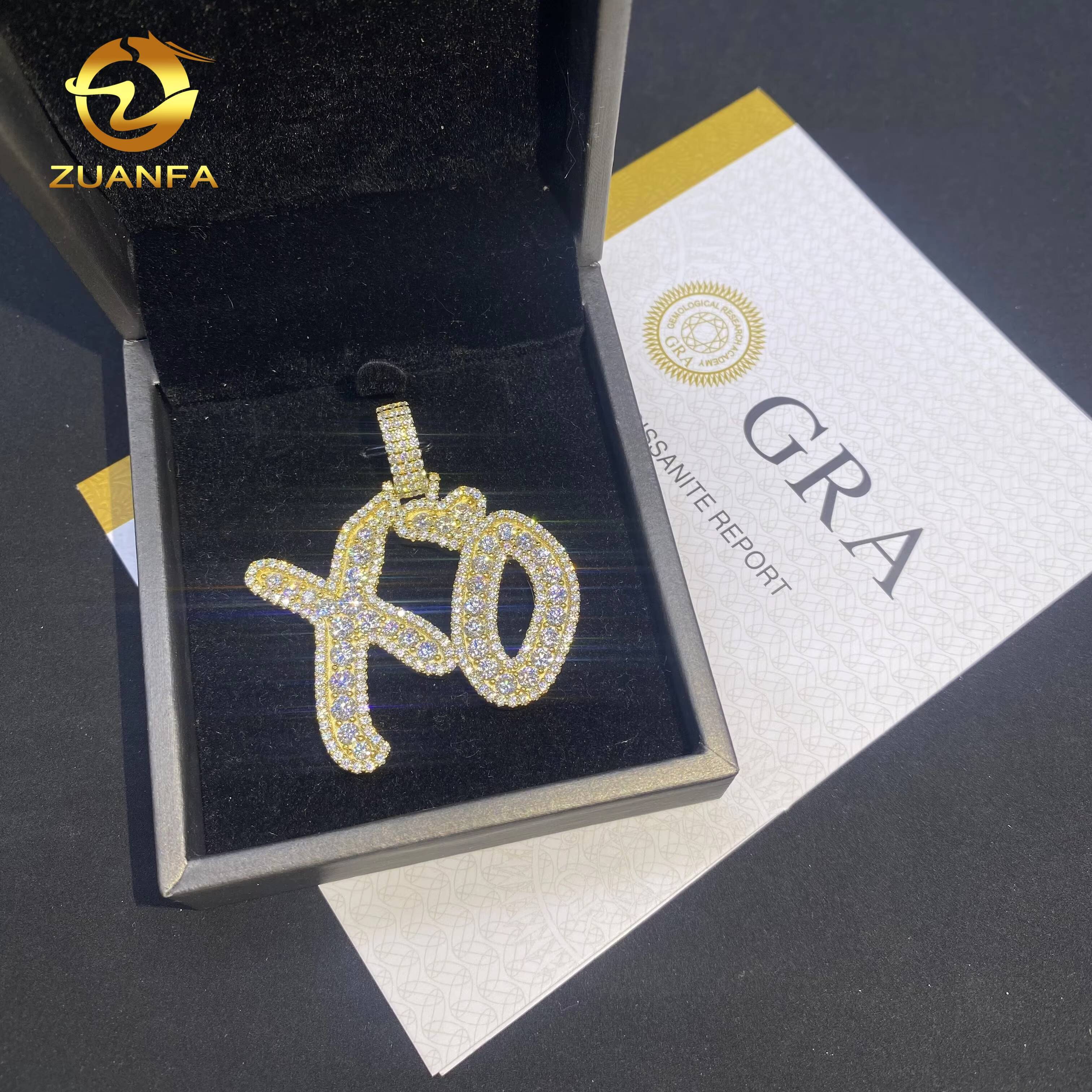 GRA Certificate Fine Hip Hop Jewelry Name Pendant Custom Iced Out 925 Silver VVS Moissanite Diamond Charm Letter XO Pendant