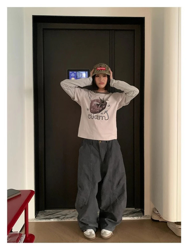 HOUZHOU Y2K Vintage Wash Women Cargo Jeans Harajuku Scimitar Wide Leg American Retro Denim Pants Baggy Trousers Gyaru Streetwear 250717